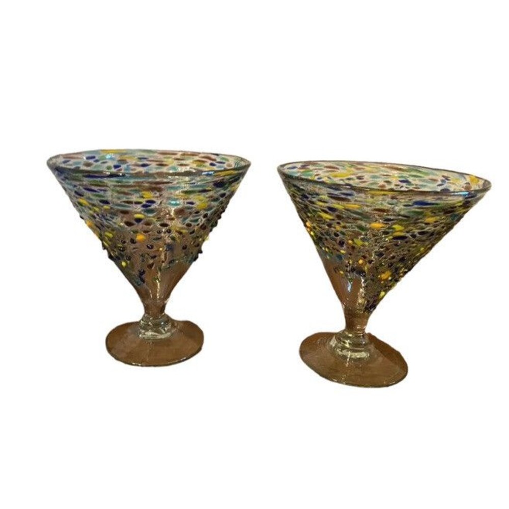 SET OF 2 MEXICAN CONFETTI WITH COLOR PEBBLES HAND BLOWN ROCKS Margarita Glasses